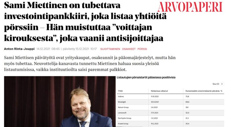Sami Miettinen on tubettava investointipankkiiri joka listaa yhtiöitä Pörssiin (Arvopaperi)
